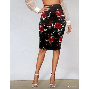 New High Waist Floral Print Bodycon Skirt Knee-Length Stretchy Fabric Elegant De